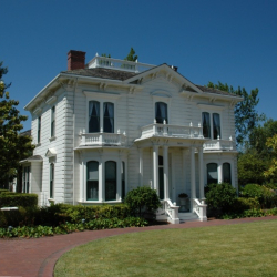 Exterior View of the Rengstorff House with manicured lawn